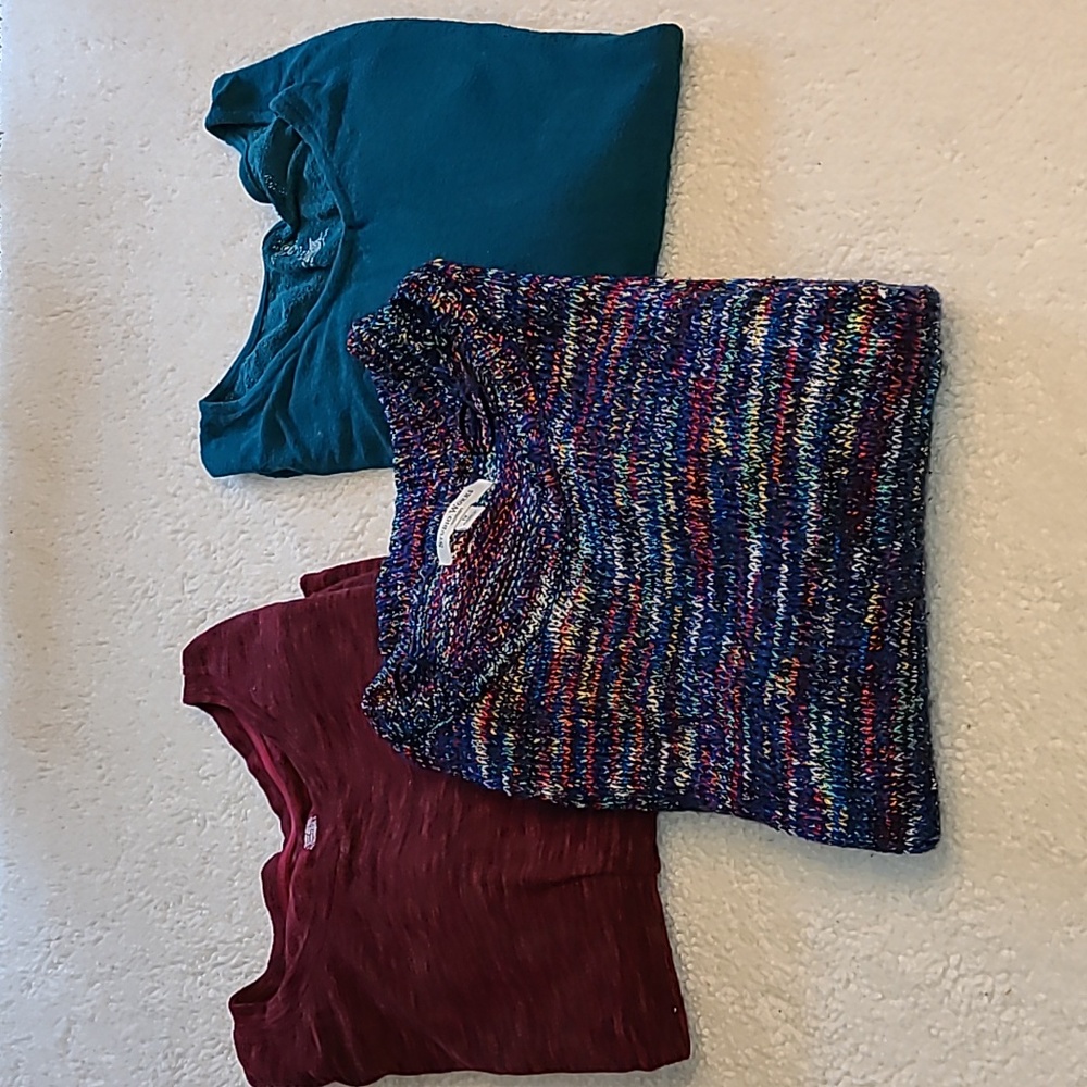 3 comfy sweaters. Burgundy with black, multi-color, green lightweight
